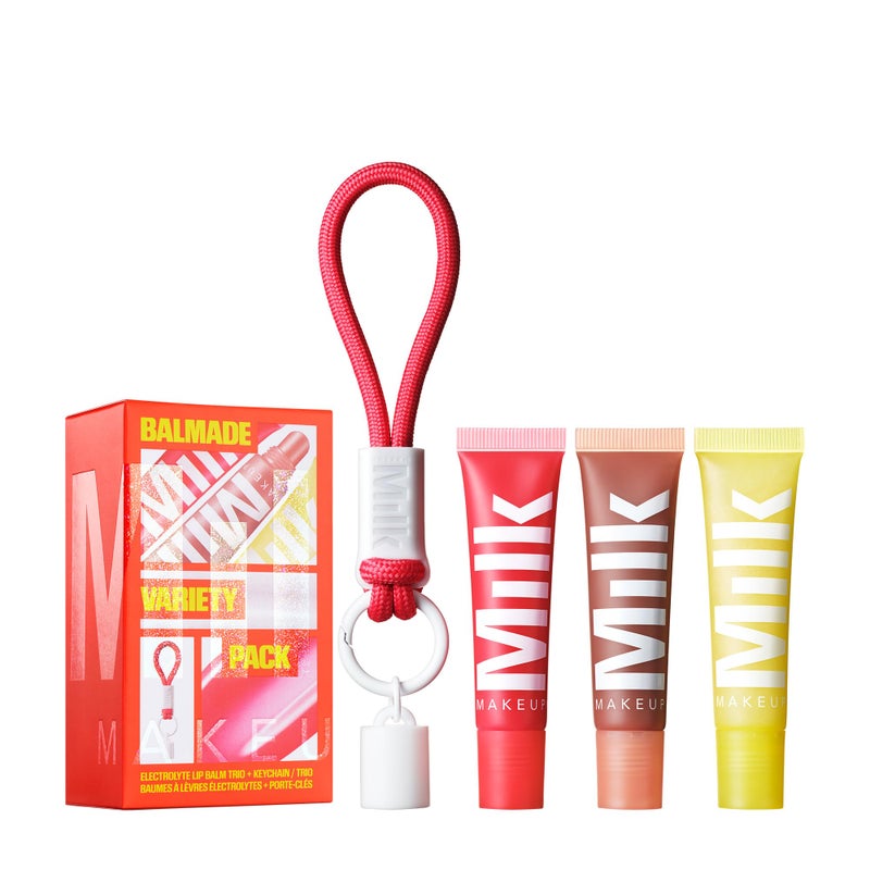 Milk Makeup 3-Pack Balmade Hydrating Lip Balm Gift Set â€“ Sheer-Tinted, High Shine Glosses for Visibly Plumper Lips + Exclusive Keychain â€“ Full Size Electron (Clear), Pump (Warm Beige) + Core (Red) - Image 1