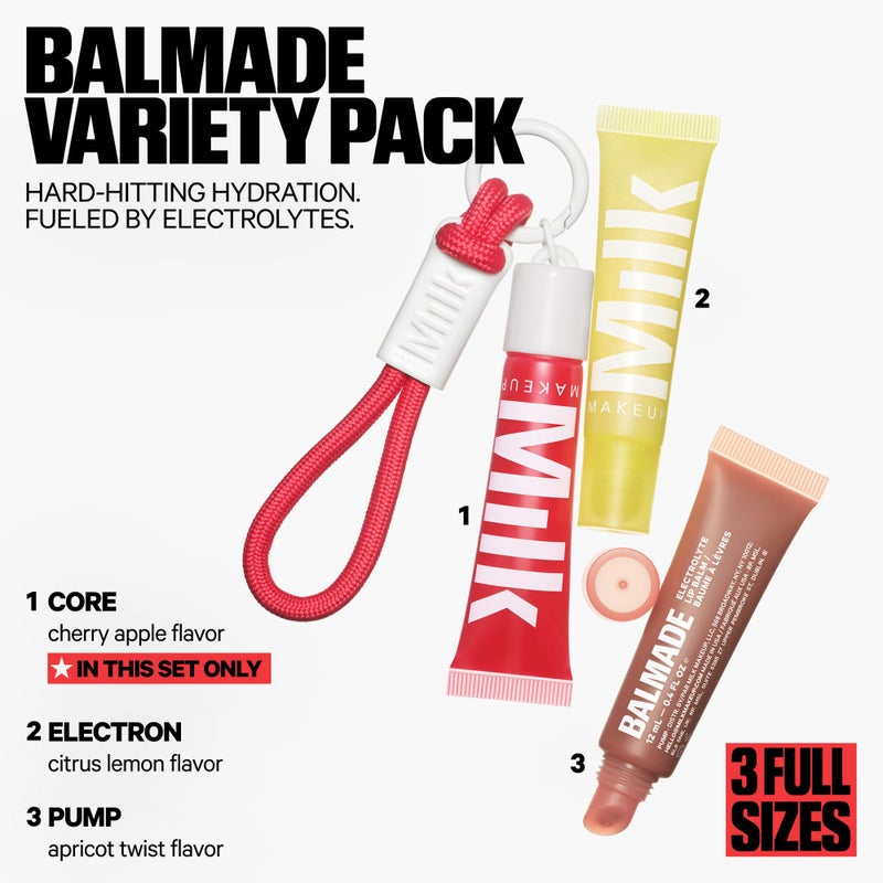 Milk Makeup 3-Pack Balmade Hydrating Lip Balm Gift Set â€“ Sheer-Tinted, High Shine Glosses for Visibly Plumper Lips + Exclusive Keychain â€“ Full Size Electron (Clear), Pump (Warm Beige) + Core (Red) - Image 2