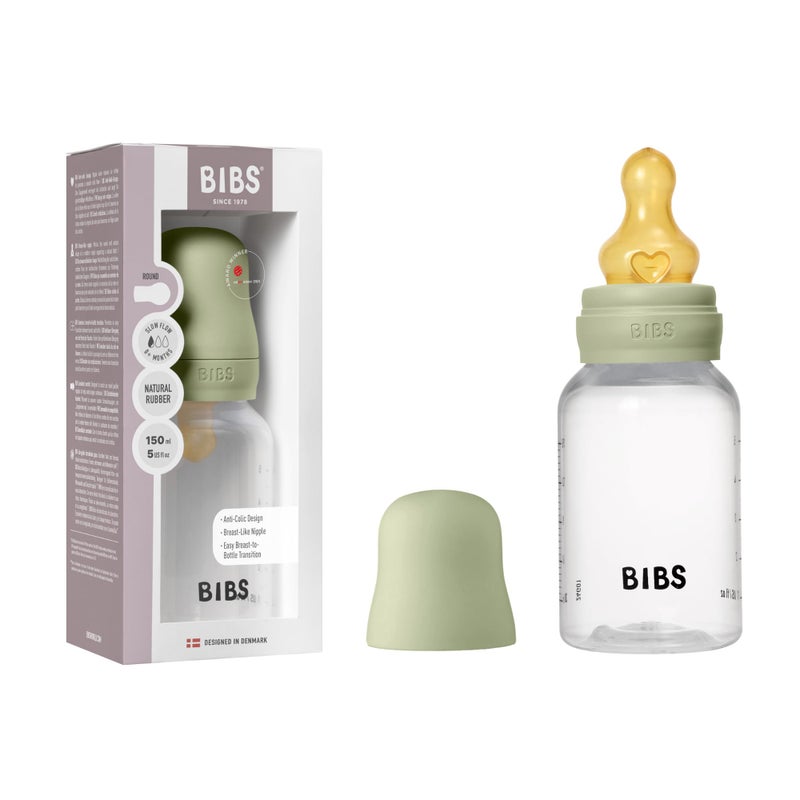 BIBS Baby Bottle 5 oz / 150 ml Natural Rubber Latex Nipple - Anti-Colic, BPA-Free, Round Nipple, Slow Flow, Lightweight & Easy to Clean, Suitable for Newborns 0+ Years - Sage - Image 1