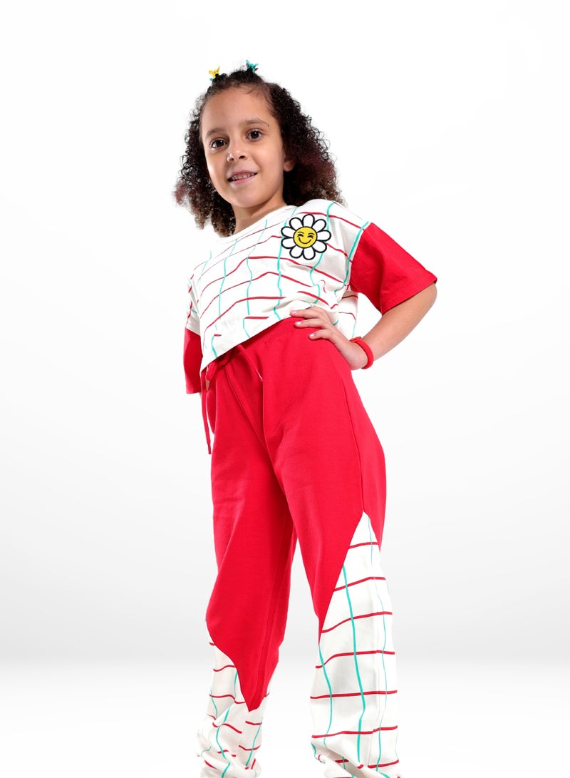 AIKO - طقم مكون من قطعتين من توب قصير وبنطال رياضي باللونين الأحمر والأبيض للأطفال من عمر 9 إلى 10 سنوات - Image 1