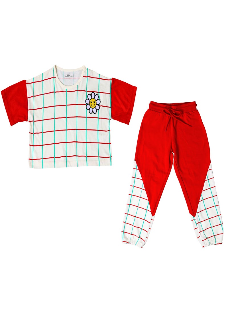 AIKO - طقم مكون من قطعتين من توب قصير وبنطال رياضي باللونين الأحمر والأبيض للأطفال من عمر 9 إلى 10 سنوات - Image 3