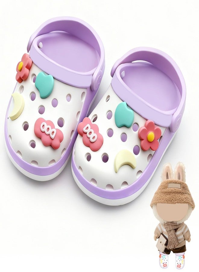OLLBIT Doll Shoes,6.7in(17cm) Plastic Doll Dress up Shoes,Doll Decoration Accessories for Mini Clog Shoes with Cute Decoratives,Dual-Tone Oil Painting Design with Removable Ornament (Purple) - Image 1