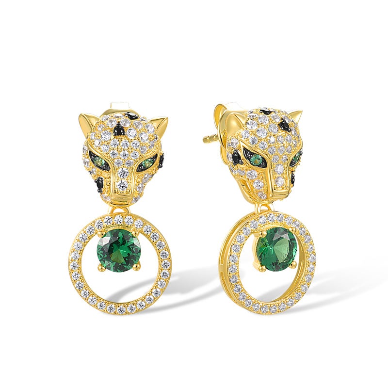Santuzza 925 Sterling Silver Gemstone Golden Leopard Earrings Green Spinel Cubic Zirconia Stud Earrings for Women - Image 1