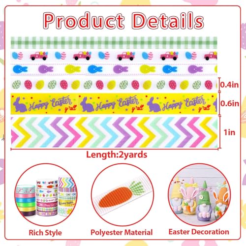 SANNIX 20 Pieces 40 Yards Easter Ribbon, 3 Size Grosgrain Ribbons Eggs Bunny Carrot Spring Flower Craft Ribbon for Gift Wrapping Easter Basket Wreaths Decoration(20x2yd) - Image 2