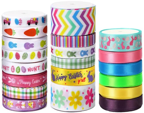 SANNIX 20 Pieces 40 Yards Easter Ribbon, 3 Size Grosgrain Ribbons Eggs Bunny Carrot Spring Flower Craft Ribbon for Gift Wrapping Easter Basket Wreaths Decoration(20x2yd) - Image 1