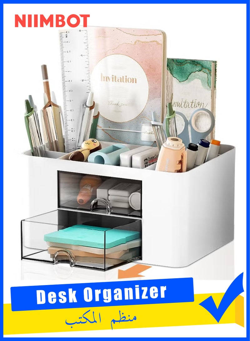 NIIMBOT Desk Organizer, Desk Organizer with 5 Compartments & 2 Drawer, Multi-function Pen Pencil Holder Storage Box for Office Home School Pens (White) - Image 1