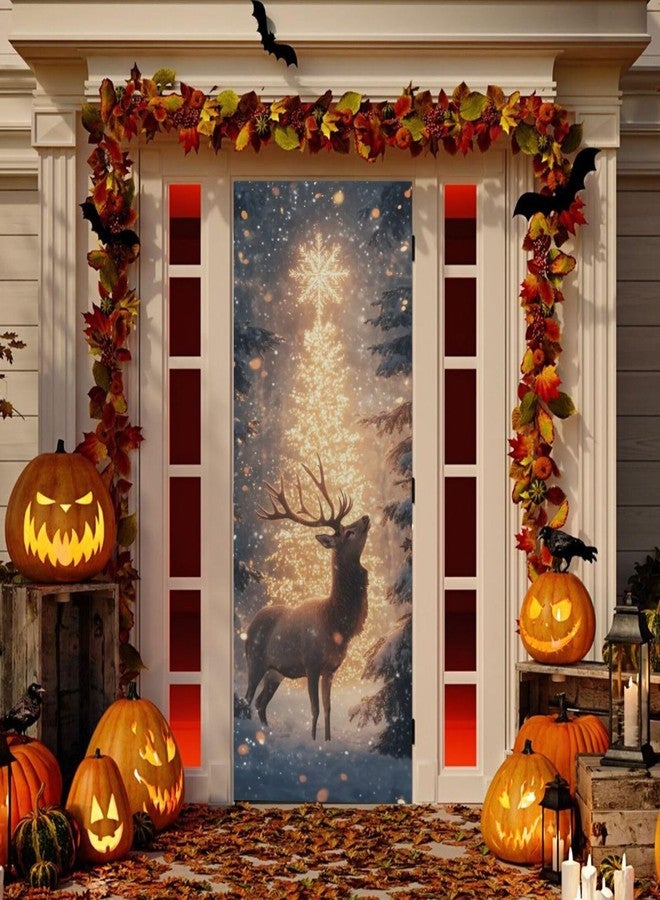 Burbuja Christmas Deer Door Cover, Stretch Fabric Backdrop Door Porch Covers for Home Party Holidays Decoration, 35x79 In - Image 5