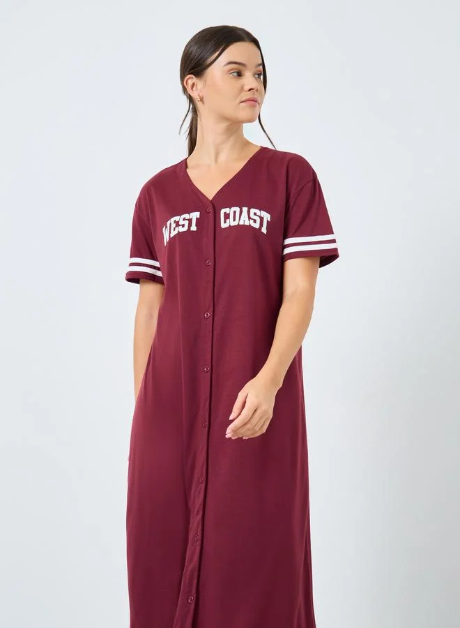 Styli Styli West Coast Striped Sleeve Button Through Nightshirt Dress