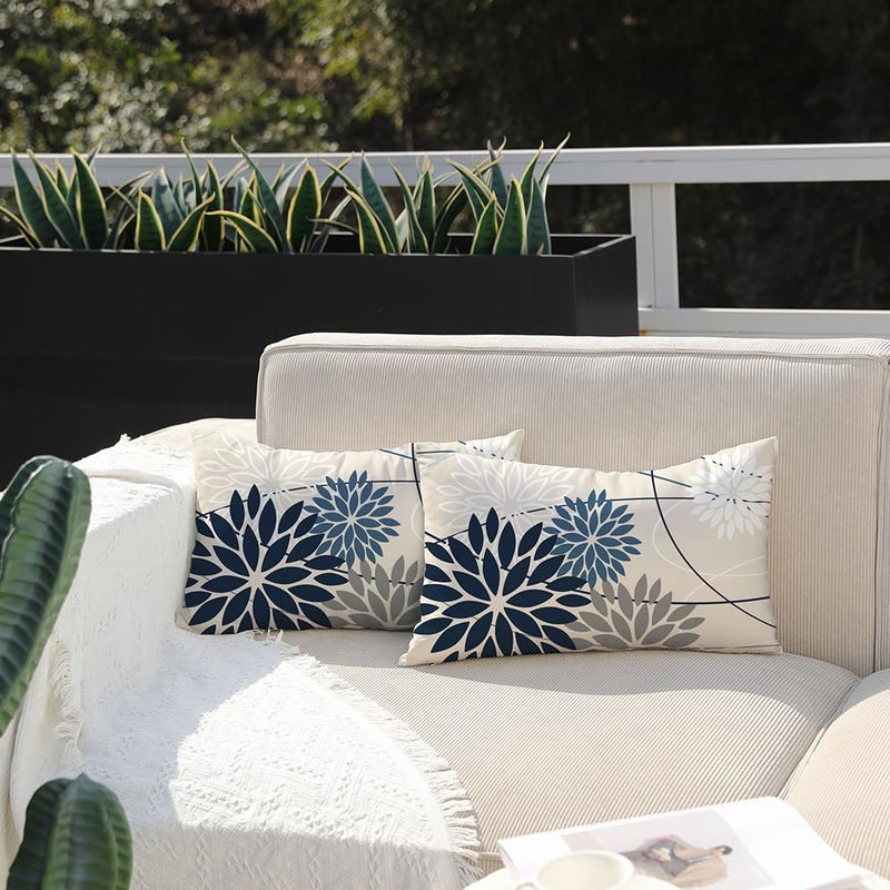 DFXSZ Blue and Gray Floral Pillow Covers 12x20 Set of 2 Outdoor Waterproof White Colored Decorative Throw Pillows Summer Pillowcase Polyester Cushion Case Decor for Couch Patio Funiture Garden Porch 01B12 - Image 2