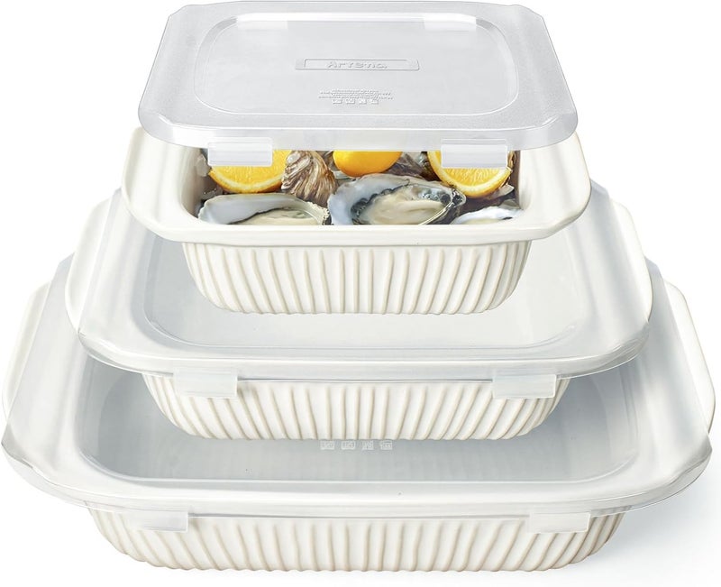 Artena Casserole Dishes For Oven, Ceramic Baking Dish, Large Lasagna Pan With Handles, Baking Pan Casserole Dish, Rectangular Bakeware Deep, White, Set Of 3 (5.1Qt/2.3Qt/1.1Qt) (Baking Dish With Lids) - Image 1