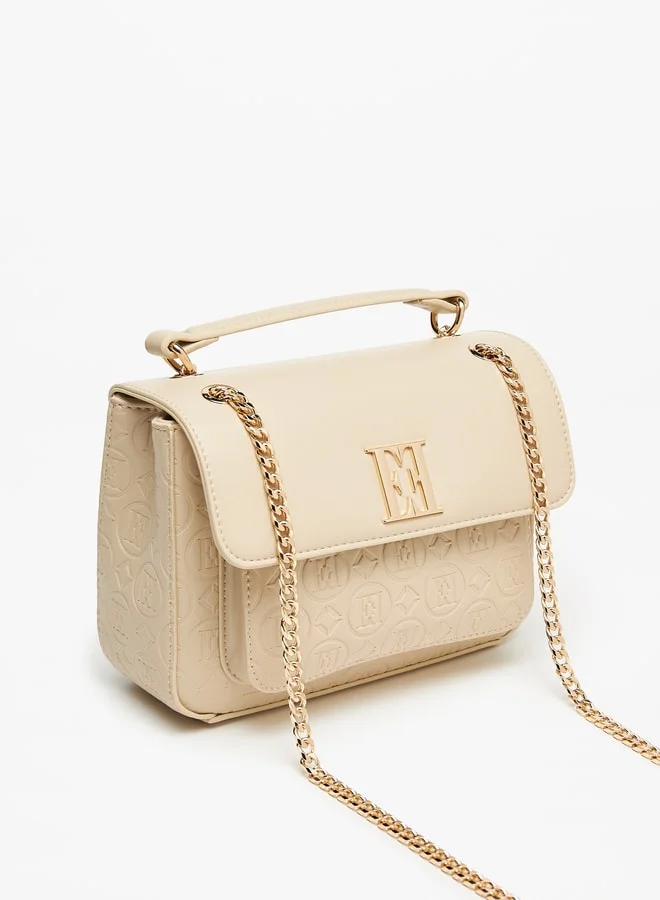 ELLE Monogram Embossed Satchel Bag with Chain Strap and Magnetic Closure