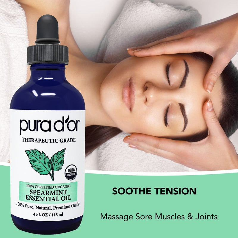 PURA D'OR Organic Spearmint Essential Oil (4oz with Glass Dropper) USDA Certified 100% Pure & Natural Therapeutic Grade Diffuser for Aromatherapy, Focus, Concentration, Mood Uplift - Image 4