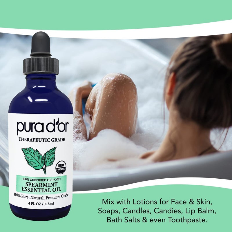 PURA D'OR Organic Spearmint Essential Oil (4oz with Glass Dropper) USDA Certified 100% Pure & Natural Therapeutic Grade Diffuser for Aromatherapy, Focus, Concentration, Mood Uplift - Image 3