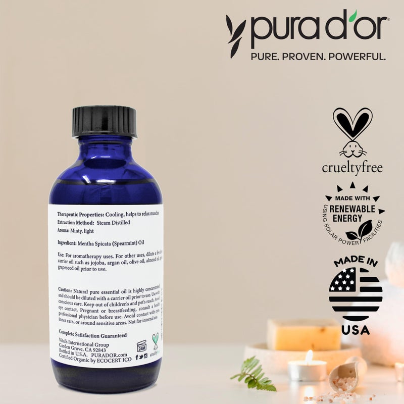 PURA D'OR Organic Spearmint Essential Oil (4oz with Glass Dropper) USDA Certified 100% Pure & Natural Therapeutic Grade Diffuser for Aromatherapy, Focus, Concentration, Mood Uplift - Image 5