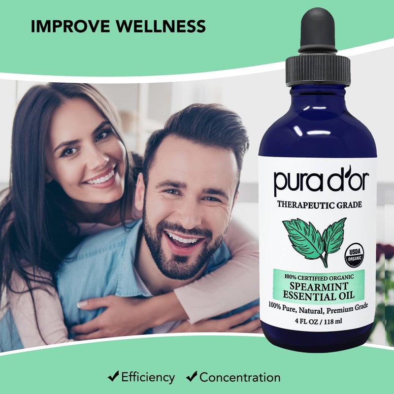 PURA D'OR Organic Spearmint Essential Oil (4oz with Glass Dropper) USDA Certified 100% Pure & Natural Therapeutic Grade Diffuser for Aromatherapy, Focus, Concentration, Mood Uplift - Image 2