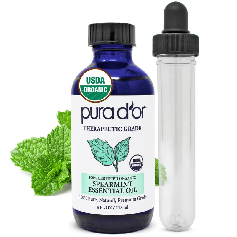 PURA D'OR Organic Spearmint Essential Oil (4oz with Glass Dropper) USDA Certified 100% Pure & Natural Therapeutic Grade Diffuser for Aromatherapy, Focus, Concentration, Mood Uplift - Image 1