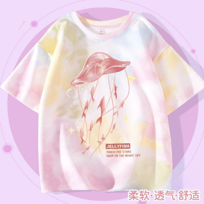 2026 New Style Girls' Short-Sleeved Ice Silk T-Shirt, Summer Children'S Trendy Tie-Dye Summer Wear, Korean Style Loose T-Shirt For Older Children - Image 1