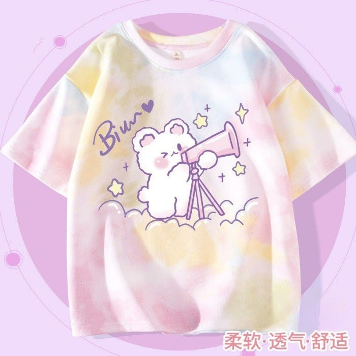 2026 New Style Girls' Short-Sleeved Ice Silk T-Shirt, Summer Children'S Trendy Tie-Dye Summer Wear, Korean Style Loose T-Shirt For Older Children - Image 5