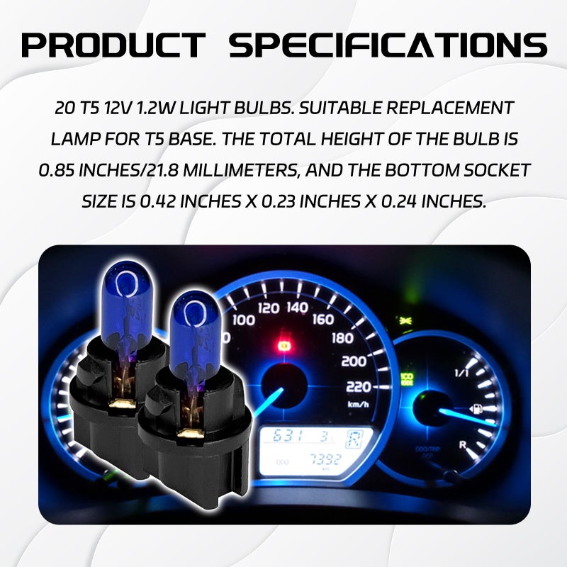 QQWD 20PCS T5 17 57 86 Halogen Instrument Cluster Bulbs Kits, 12V Dash Light for Car Interior, Automotive Replacement Gauge Cluster Panel Bulb with T5 Sockets, Universal Lighting Accessoriesï¼ˆBlue - Image 3