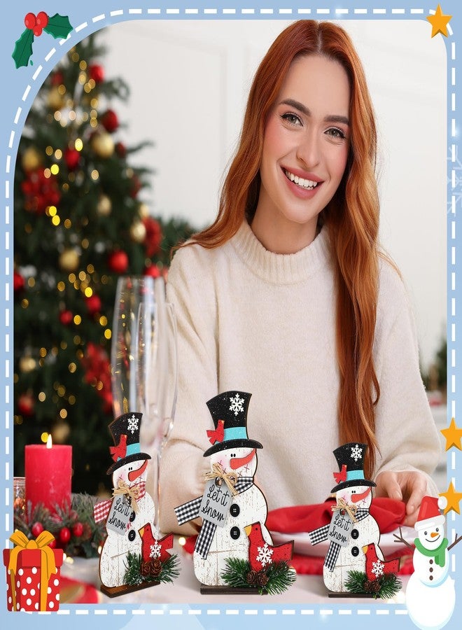 Cinnvoice مجموعة ديكور طاولة من 3 قطع على شكل رجل ثلج، مصنوعة من الخشب، لتزيين طاولة الشتاء، تتضمن صينية متعددة الطبقات، ولوحة خشبية ريفية على شكل رجل ثلج، وهدية على شكل طائر الكاردينال الأحمر، لتزيين أجواء الشتاء وعيد الميلاد. - Image 4