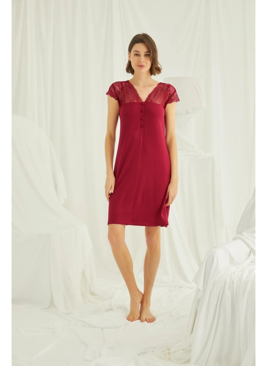 Monamise Women's Nightgown with Lace Sleeves, Shoulders and Collar and Buttons in the Front