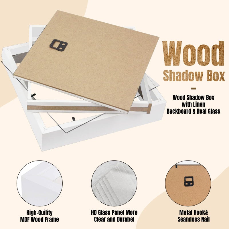 QDSSDECO 8 "" x8 "" صناديق الظل عرض الحالات مع بياضات ناعمة الظهر العميق الزجاج ثلاثي الأبعاد المربع الجدار والطاولة 3 أبيض - Image 4