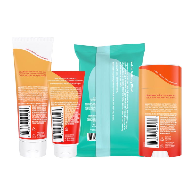 Lume Skin Care Gift Set for Women, Whole Body Deodorant Starter Pack -Smooth Solid Stick, Invisible Cream Tube, Acidified Body Wash Mini & Deodorant Wipes -Aluminum Free Odor Control (Clean Tangerine) - Image 2