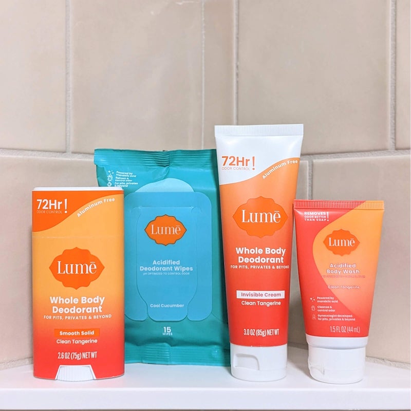 Lume Skin Care Gift Set for Women, Whole Body Deodorant Starter Pack -Smooth Solid Stick, Invisible Cream Tube, Acidified Body Wash Mini & Deodorant Wipes -Aluminum Free Odor Control (Clean Tangerine) - Image 3