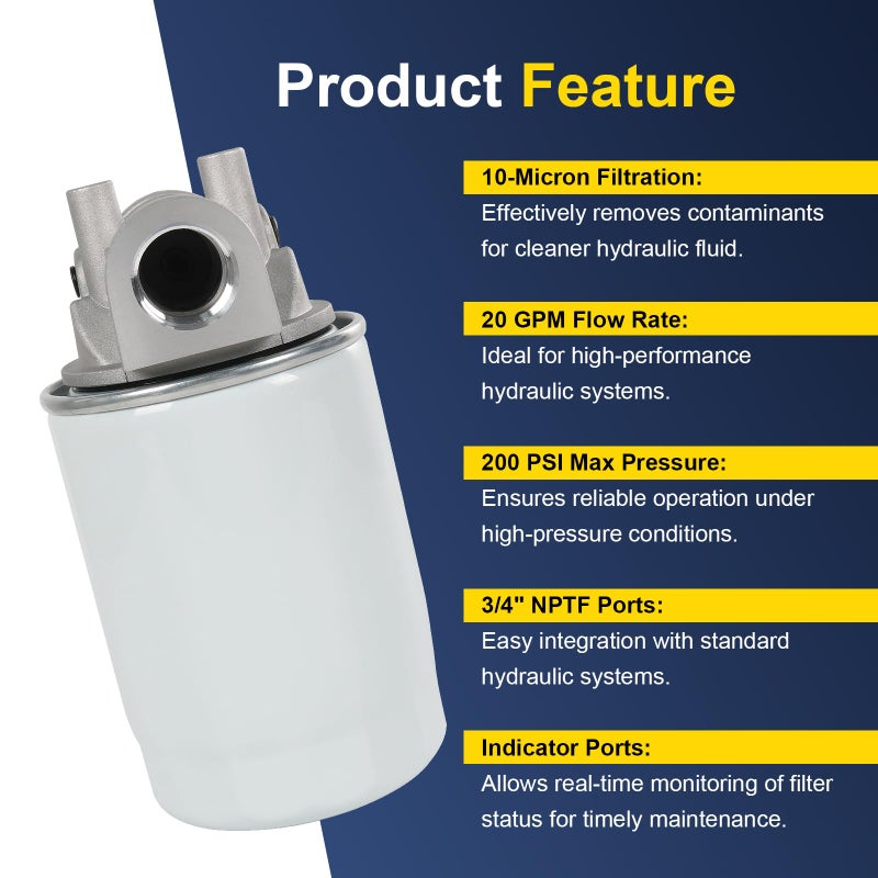 DICMIC 10 Micron Hydraulic Oil Filter Assembly, Spin-On Design, Return Line Filter with Indicator Port, 20 GPM Flow Rate, 200 PSI, 3/4" NPTF Port, Replace# 221006 - Image 4