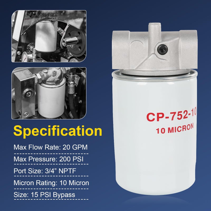 DICMIC 10 Micron Hydraulic Oil Filter Assembly, Spin-On Design, Return Line Filter with Indicator Port, 20 GPM Flow Rate, 200 PSI, 3/4" NPTF Port, Replace# 221006 - Image 3