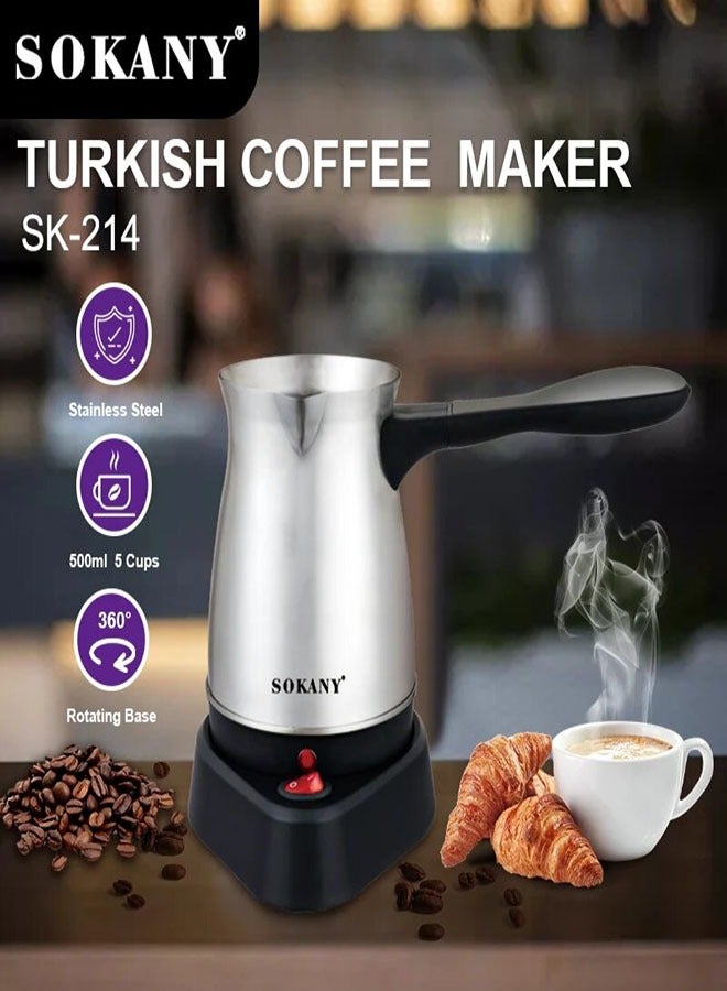 Sokany Stainless Steel Portable Waterproof Electric Turkish and Greek Coffee Maker, Home Water Boiler, 500ml, SK-214 (Multiple Colors), Stainless Steel