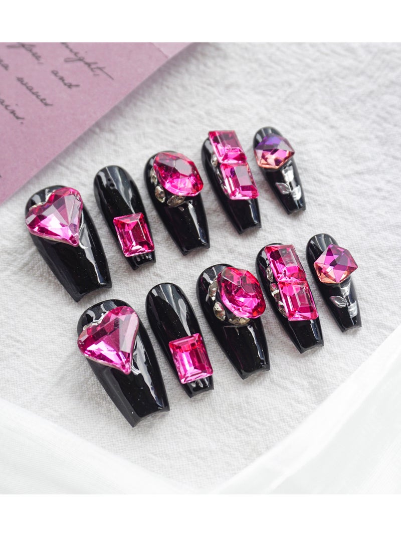 Artist Design/3D Black Pink (Handmade)/Press On nails/Luxury Hand Painted/Long Coffin/10 PCS/s Size - Image 1