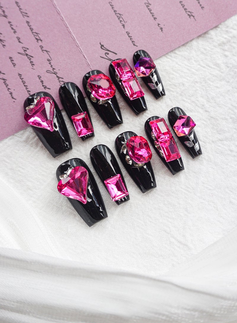 Artist Design/3D Black Pink (Handmade)/Press On nails/Luxury Hand Painted/Long Coffin/10 PCS/s Size - Image 2