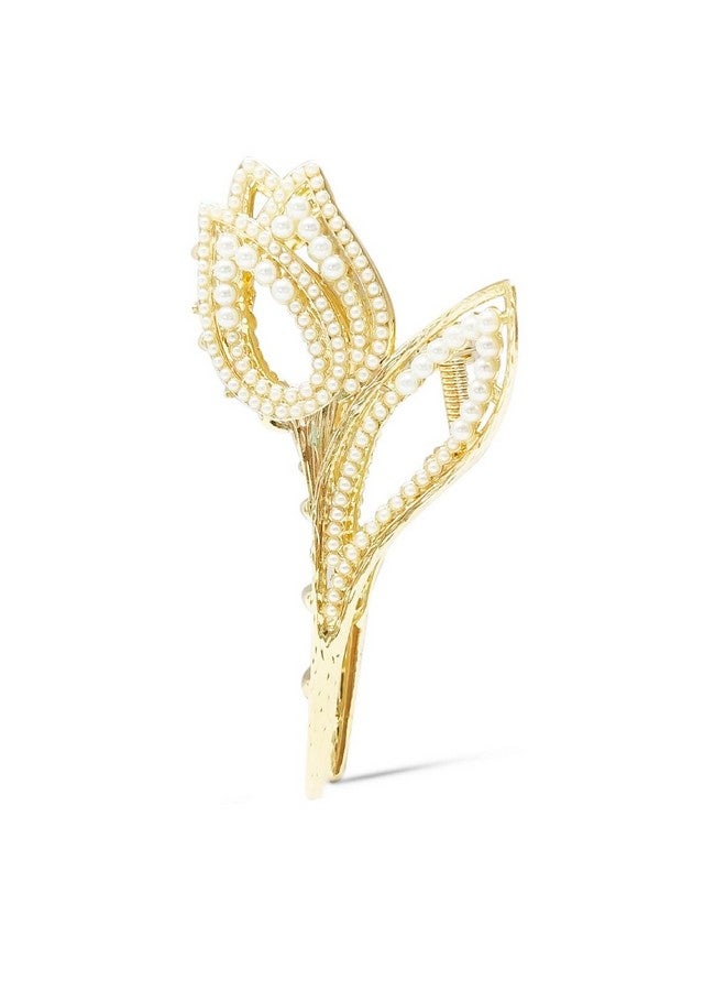 Fabula by OOMPH Jewellery Gold Tone White Pearls Tulip Shape Big Large Hair Claw Hair Clip for Women & Girls Stylish Latest (HSSK79_AMR3) - Image 1