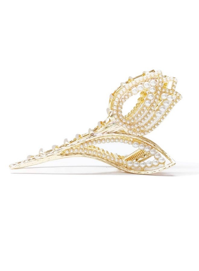 Fabula by OOMPH Jewellery Gold Tone White Pearls Tulip Shape Big Large Hair Claw Hair Clip for Women & Girls Stylish Latest (HSSK79_AMR3) - Image 2