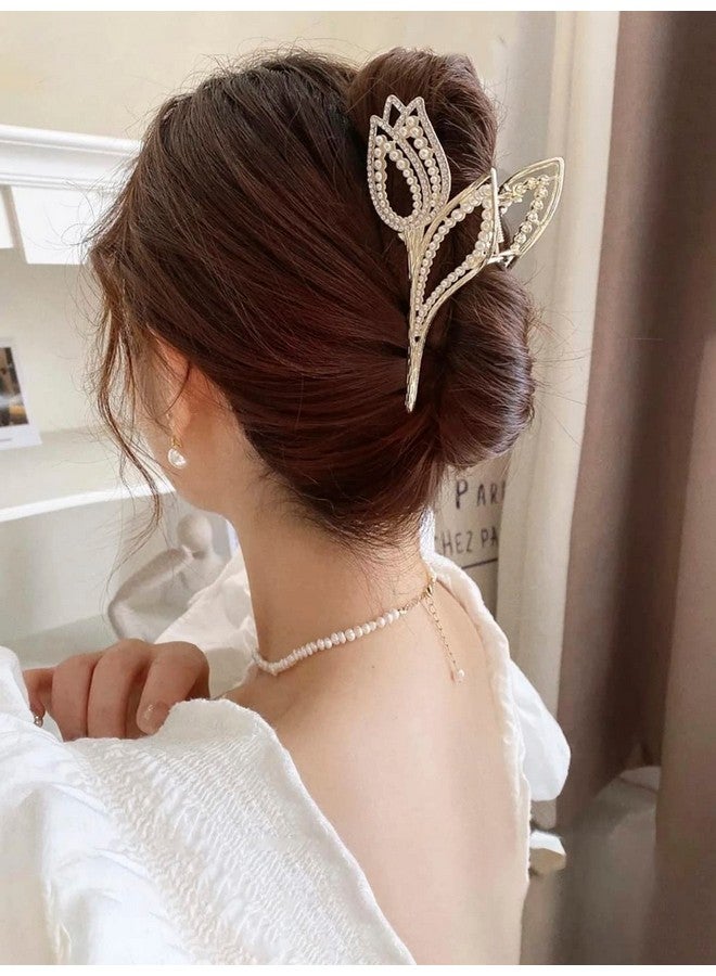 Fabula by OOMPH Jewellery Gold Tone White Pearls Tulip Shape Big Large Hair Claw Hair Clip for Women & Girls Stylish Latest (HSSK79_AMR3) - Image 3