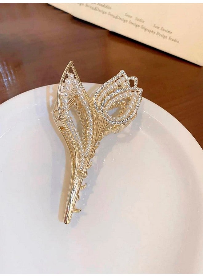 Fabula by OOMPH Jewellery Gold Tone White Pearls Tulip Shape Big Large Hair Claw Hair Clip for Women & Girls Stylish Latest (HSSK79_AMR3) - Image 4