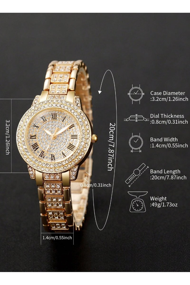 Luxury women's accessory set consisting of 5 pieces, including a women's watch, bracelet, necklace, earrings, and ring in gold color, adorned with sparkling rhinestones. The set is rust-resistant, making it ideal for gifting to a loved one, as a graduation gift, birthday gift, or for all special occasions. Box not included. - Image 5