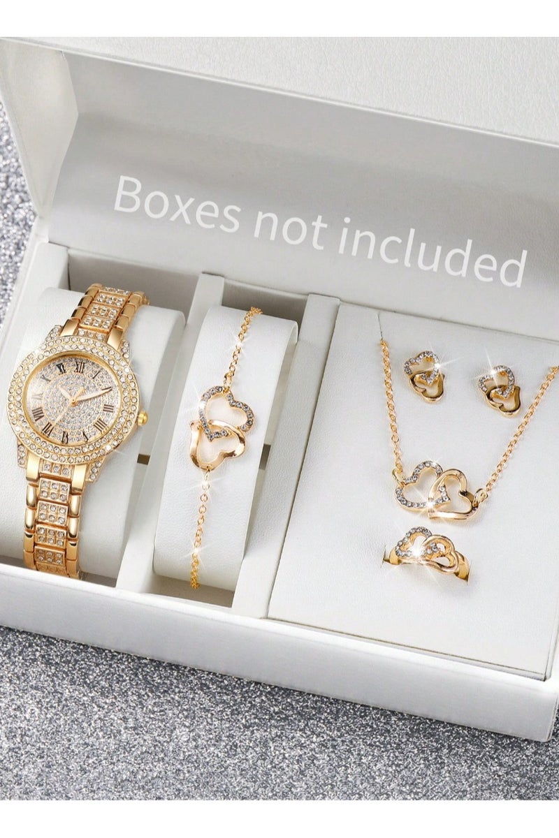 Luxury women's accessory set consisting of 5 pieces, including a women's watch, bracelet, necklace, earrings, and ring in gold color, adorned with sparkling rhinestones. The set is rust-resistant, making it ideal for gifting to a loved one, as a graduation gift, birthday gift, or for all special occasions. Box not included. - Image 1