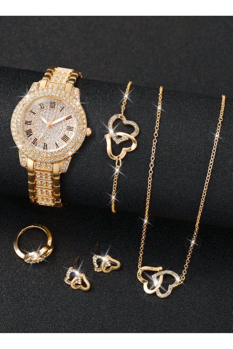 Luxury women's accessory set consisting of 5 pieces, including a women's watch, bracelet, necklace, earrings, and ring in gold color, adorned with sparkling rhinestones. The set is rust-resistant, making it ideal for gifting to a loved one, as a graduation gift, birthday gift, or for all special occasions. Box not included. - Image 2