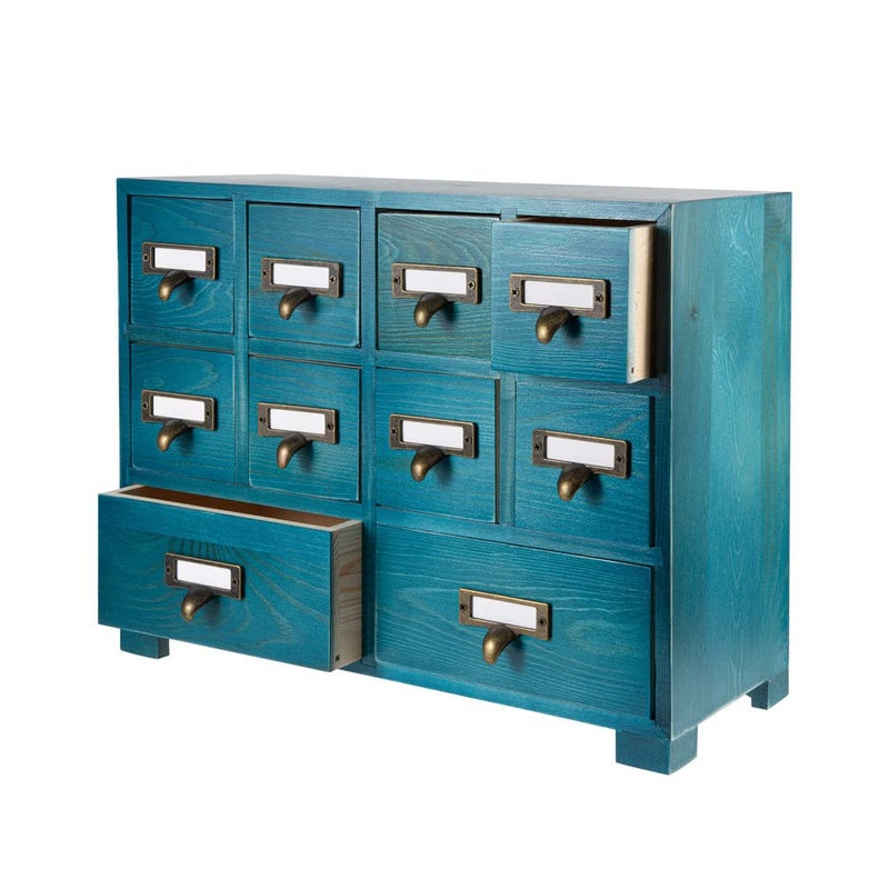 PACKGILO Apothecary Cabinet with 10 Drawers & Labels Rustic Library Card Catalog Cabinet Desktop Wooden Storage Box for Organize Herbalã€Tea Bagã€Jewelry (Blue) - Image 1