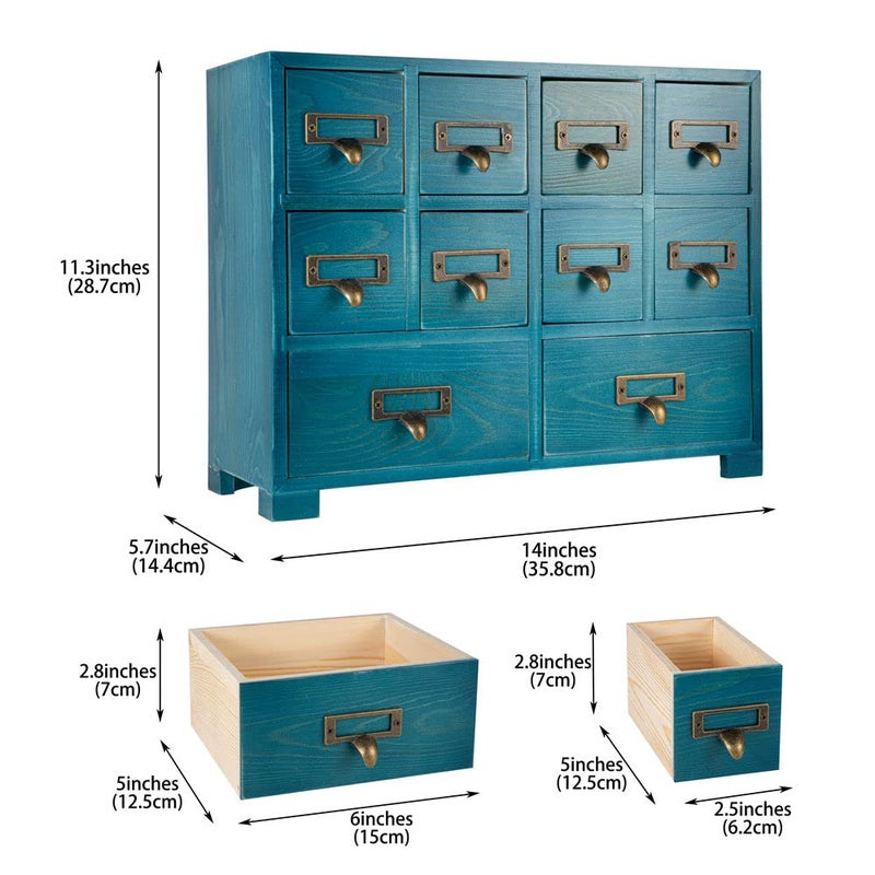 PACKGILO Apothecary Cabinet with 10 Drawers & Labels Rustic Library Card Catalog Cabinet Desktop Wooden Storage Box for Organize Herbalã€Tea Bagã€Jewelry (Blue) - Image 3