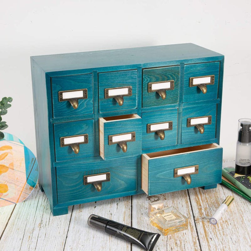 PACKGILO Apothecary Cabinet with 10 Drawers & Labels Rustic Library Card Catalog Cabinet Desktop Wooden Storage Box for Organize Herbalã€Tea Bagã€Jewelry (Blue) - Image 4