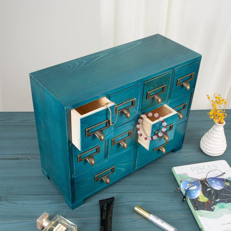 PACKGILO Apothecary Cabinet with 10 Drawers & Labels Rustic Library Card Catalog Cabinet Desktop Wooden Storage Box for Organize Herbalã€Tea Bagã€Jewelry (Blue) - Image 2