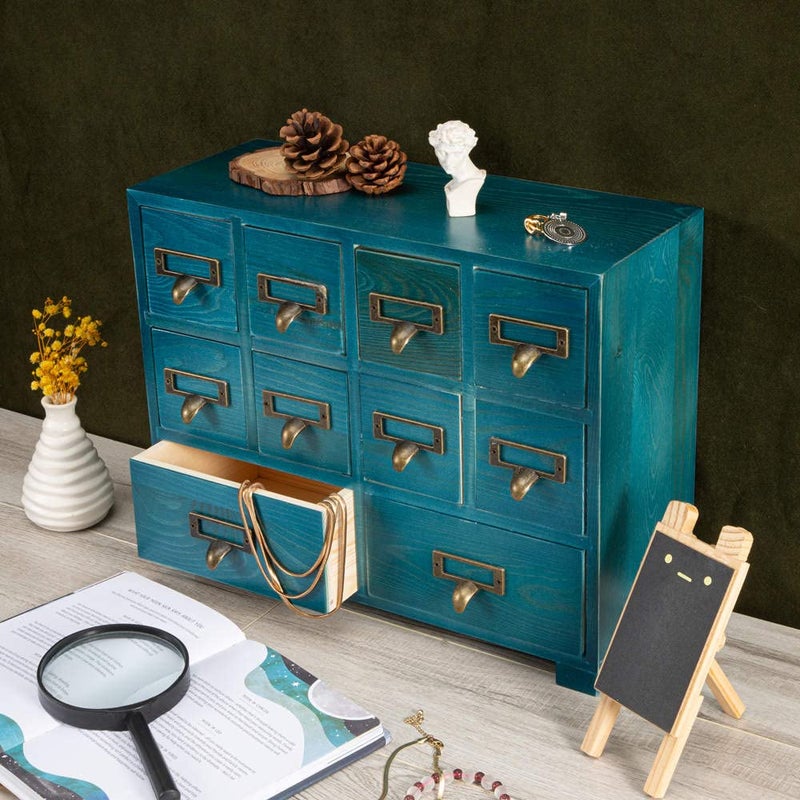 PACKGILO Apothecary Cabinet with 10 Drawers & Labels Rustic Library Card Catalog Cabinet Desktop Wooden Storage Box for Organize Herbalã€Tea Bagã€Jewelry (Blue) - Image 5