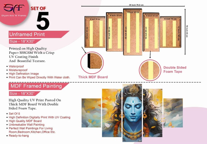 SAF Shiva Paintings For Wall Decoration - Set Of Five, 3D Modern Art Painting For Living Room Large Size With Frames For Home Decoration, Hotel, Office 76.2 Cm X 45 Cm Sanfpnls35477, Engineered Wood - Image 4