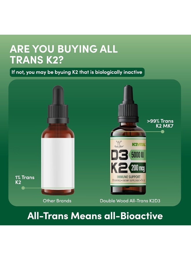 Double Wood Supplements قطرات سائلة من فيتامين D3 K2 5,000 IU (5,000 IU من D3 و 200 ميكروغرام من K2 MK-7 (K2Vital) براءة اختراع بنسبة 99.9%) أقصى امتصاص لفيتامين D للأطفال والبالغين (30 حصة) من دابل وود - Image 4