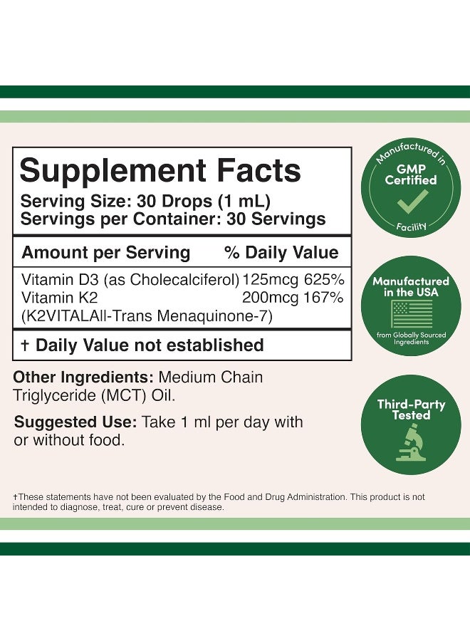 Double Wood Supplements قطرات سائلة من فيتامين D3 K2 5,000 IU (5,000 IU من D3 و 200 ميكروغرام من K2 MK-7 (K2Vital) براءة اختراع بنسبة 99.9%) أقصى امتصاص لفيتامين D للأطفال والبالغين (30 حصة) من دابل وود - Image 2