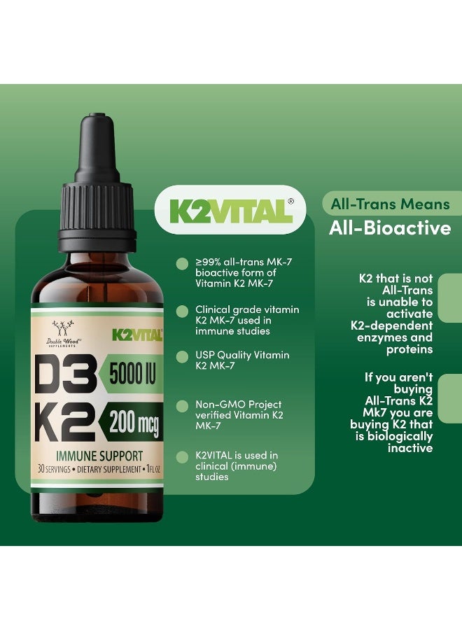 Double Wood Supplements قطرات سائلة من فيتامين D3 K2 5,000 IU (5,000 IU من D3 و 200 ميكروغرام من K2 MK-7 (K2Vital) براءة اختراع بنسبة 99.9%) أقصى امتصاص لفيتامين D للأطفال والبالغين (30 حصة) من دابل وود - Image 5