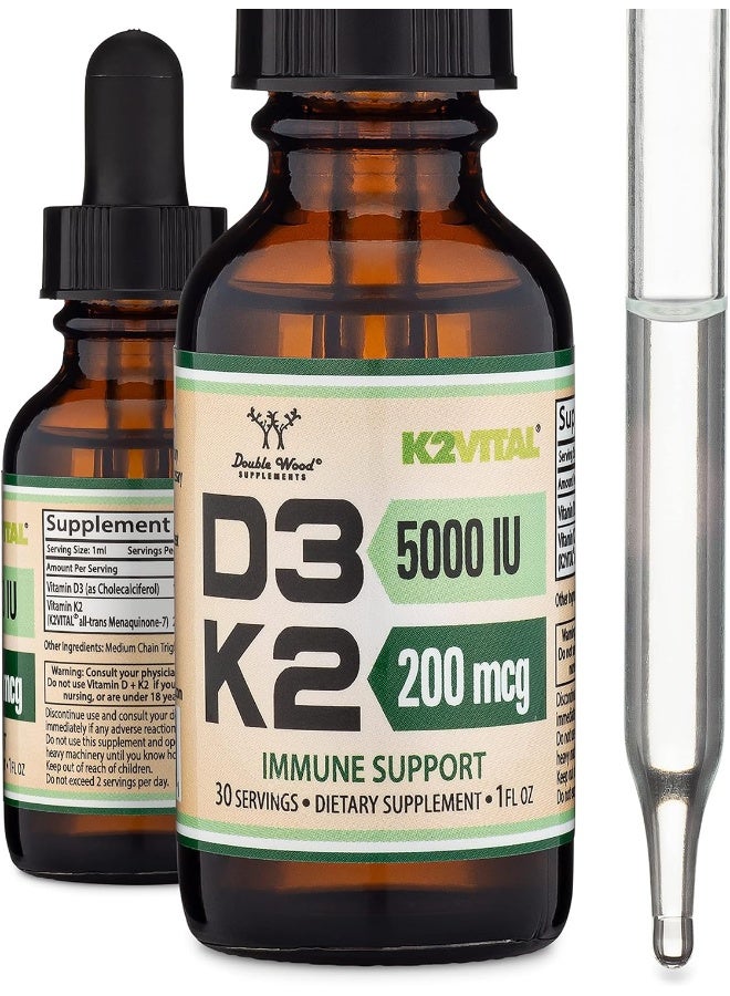 Double Wood Supplements قطرات سائلة من فيتامين D3 K2 5,000 IU (5,000 IU من D3 و 200 ميكروغرام من K2 MK-7 (K2Vital) براءة اختراع بنسبة 99.9%) أقصى امتصاص لفيتامين D للأطفال والبالغين (30 حصة) من دابل وود - Image 1